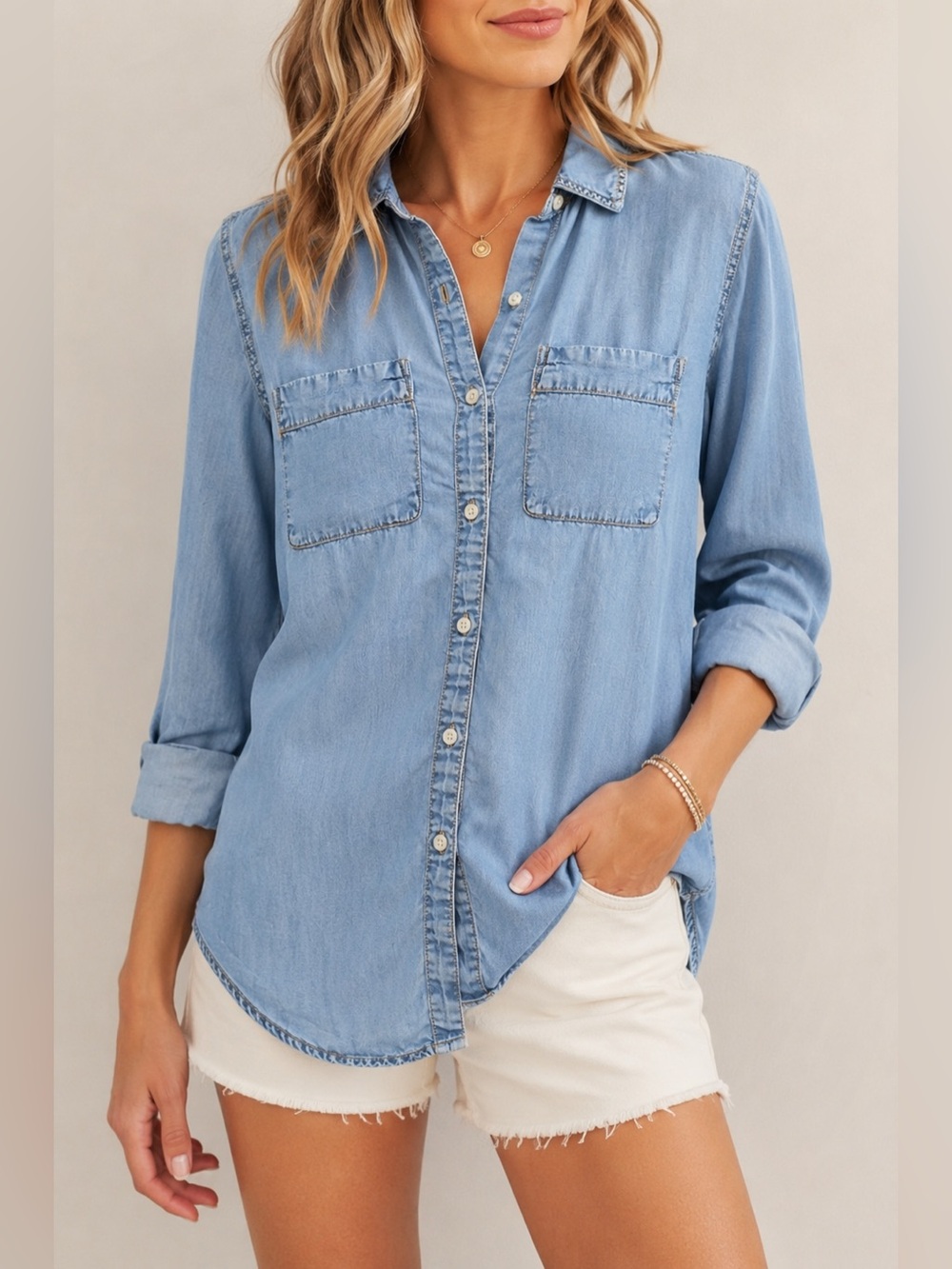 a.n.a Women's XS Chambray Button Up Shirt Lyocell Light Wash Denim Look